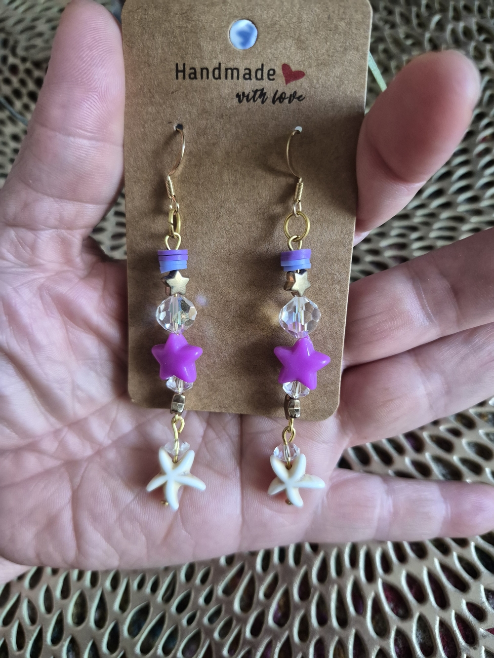 Handmade Purple Star & White Starfish Bead Dangle Earrings